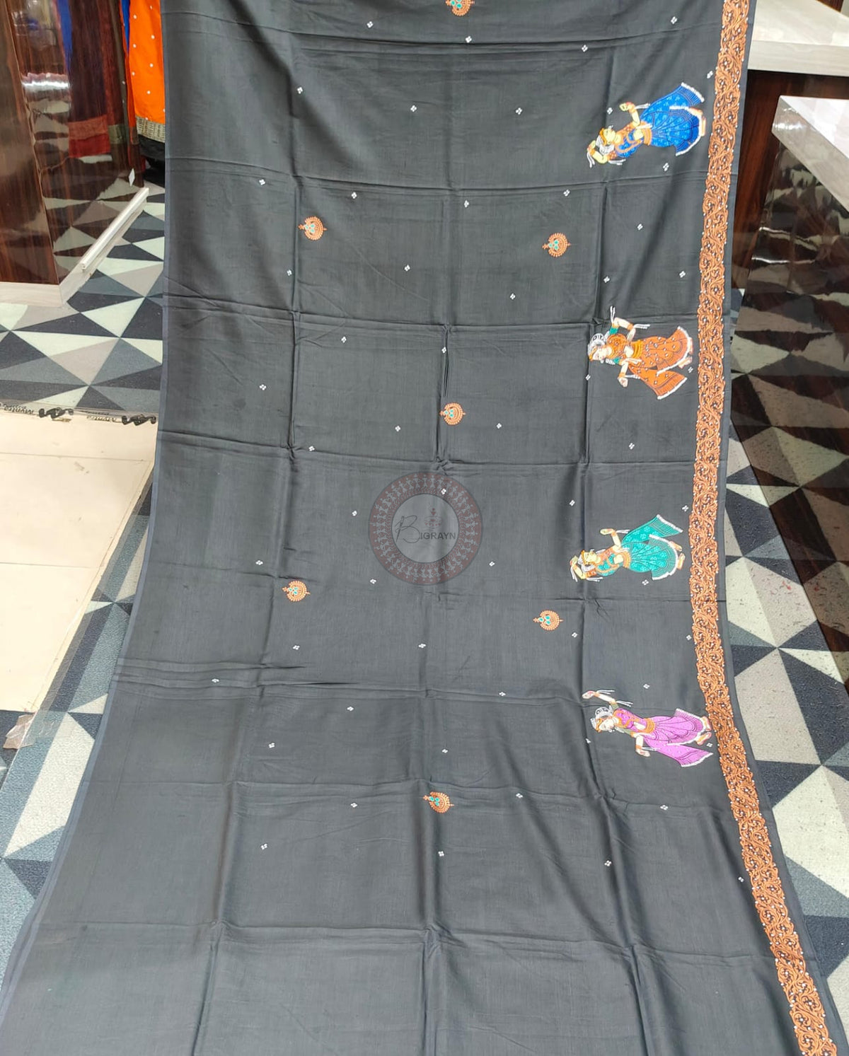 Black Giri Govardhan Theme Pattachitra Khadi Silk Saree