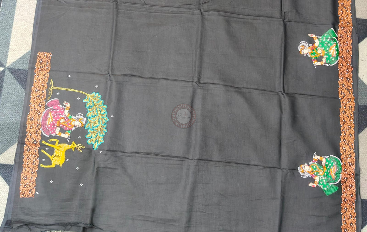 Black Giri Govardhan Theme Pattachitra Khadi Silk Saree