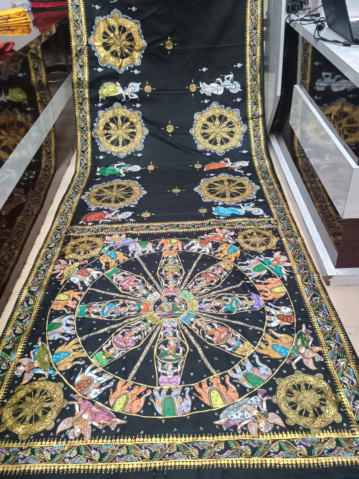 Black Full Body Konark Wheel and Odissi Dancer Pattachitra Kanjeeveram Silk Saree