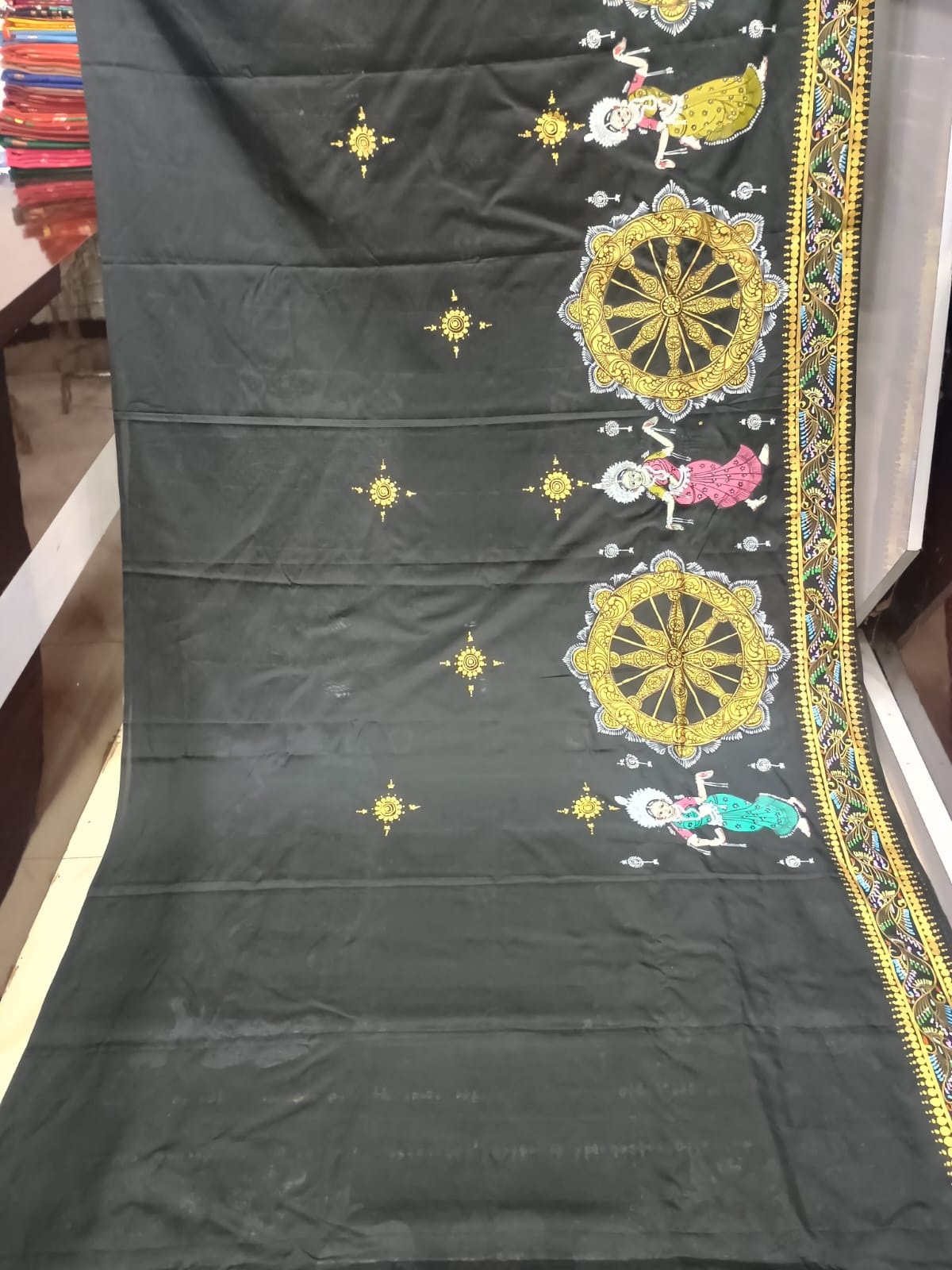 Black Full Body Konark Wheel and Odissi Dancer Pattachitra Kanjeeveram Silk Saree