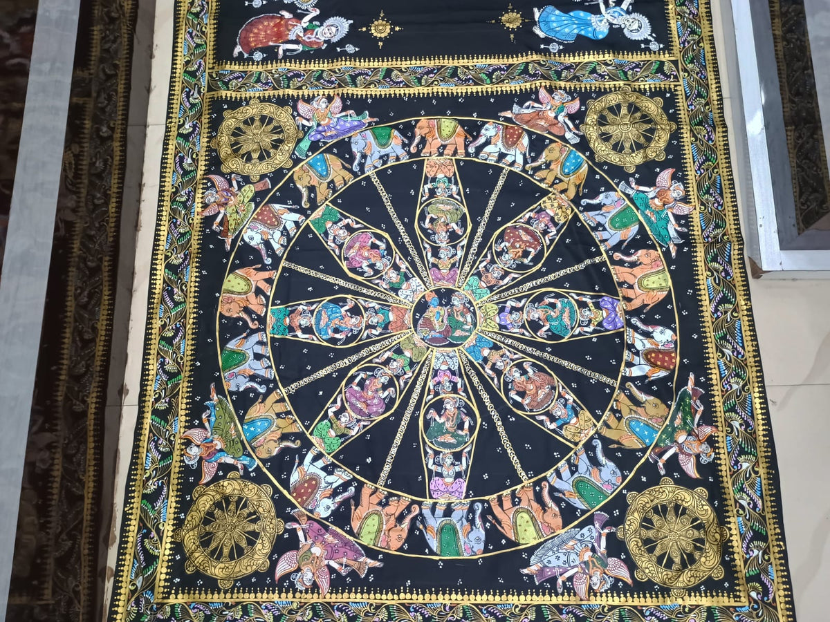Black Full Body Konark Wheel and Odissi Dancer Pattachitra Kanjeeveram Silk Saree