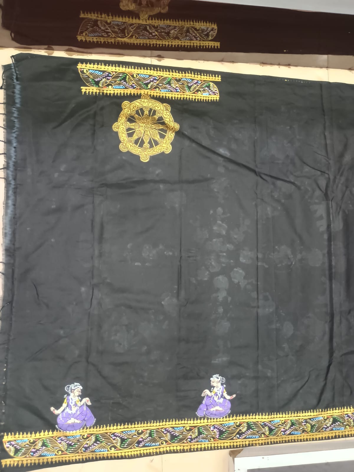 Black Full Body Konark Wheel and Odissi Dancer Pattachitra Kanjeeveram Silk Saree