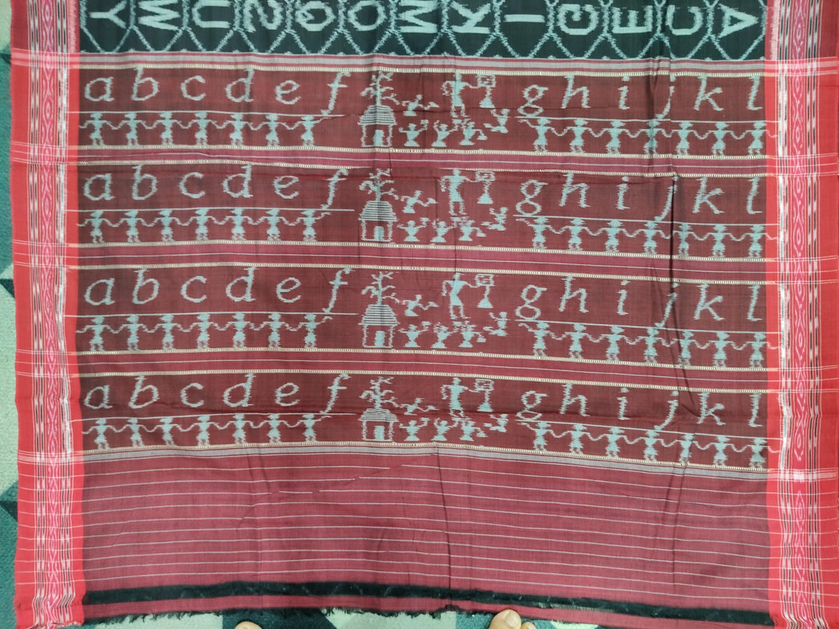 Black Maroon English Alphabet Design Khandua Cotton Saree