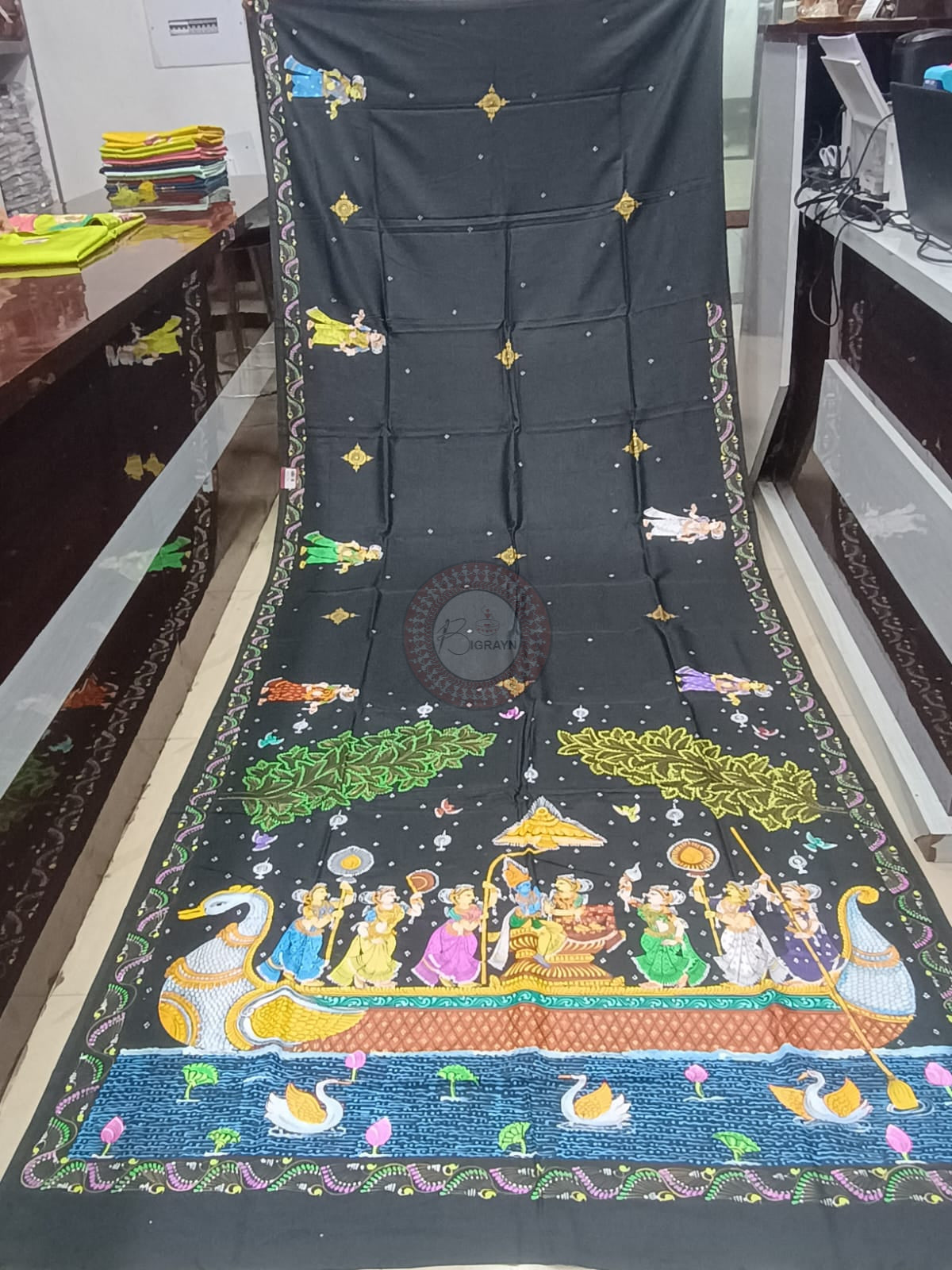 Black Nabakeli Boita Theme Pattachitra Khadi Silk Saree