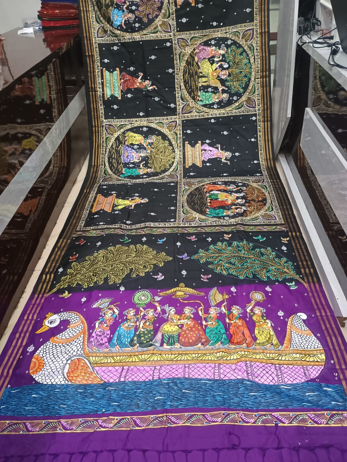 Black Purple Big Box Boita Theme Pattachitra Kanjeeveram Silk Saree