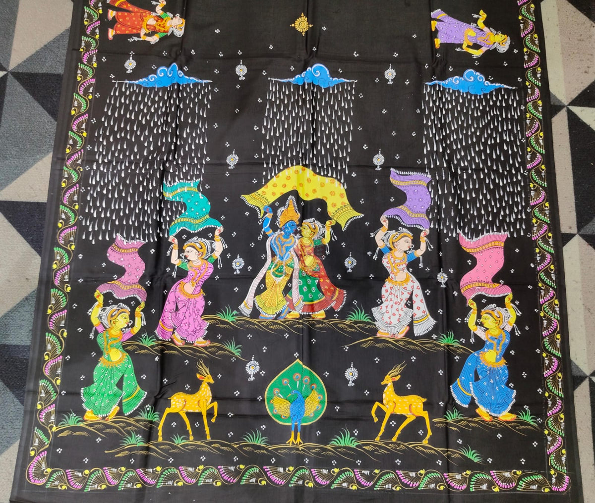 Black Radha Krishna Barsha Rasa Theme Pattachitra Khadi Silk Saree
