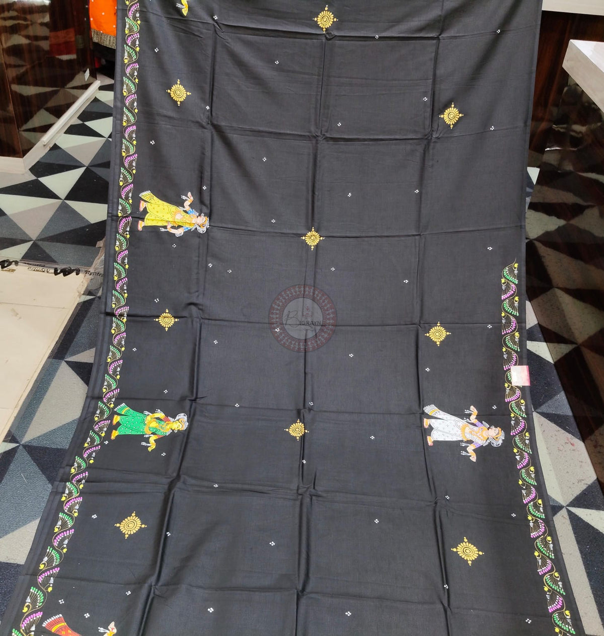 Black Radha Krishna Barsha Rasa Theme Pattachitra Khadi Silk Saree