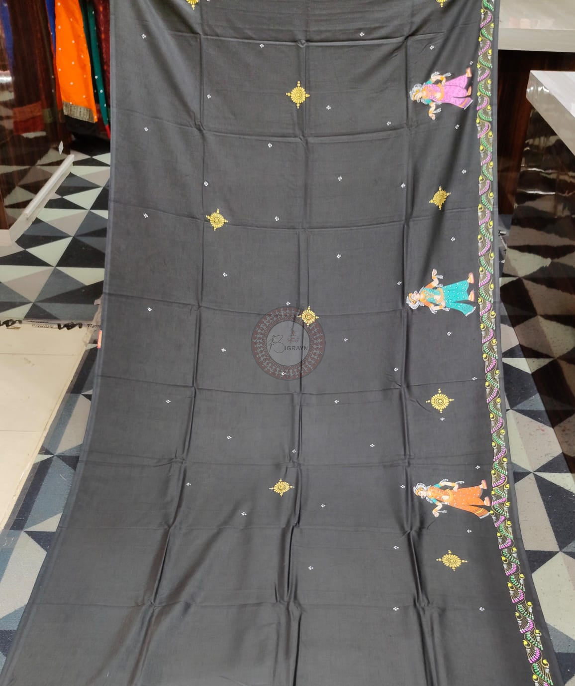 Black Radha Krishna Barsha Rasa Theme Pattachitra Khadi Silk Saree