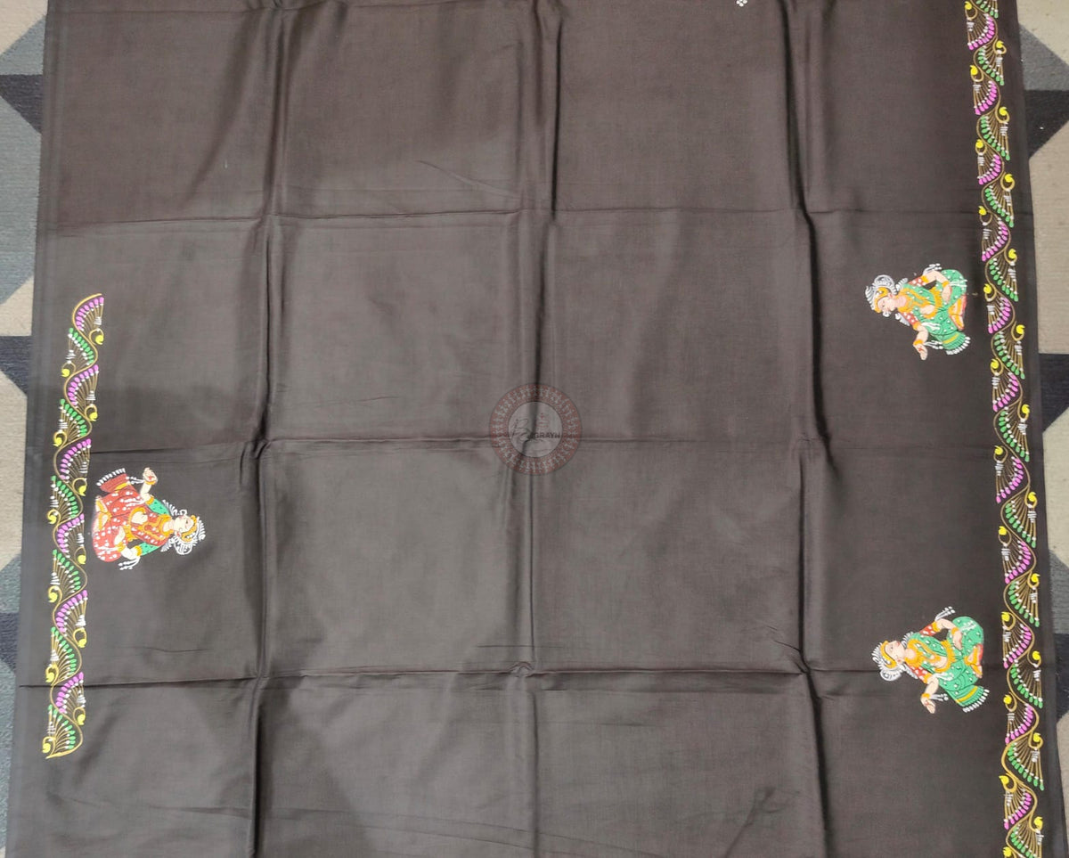 Black Radha Krishna Barsha Rasa Theme Pattachitra Khadi Silk Saree