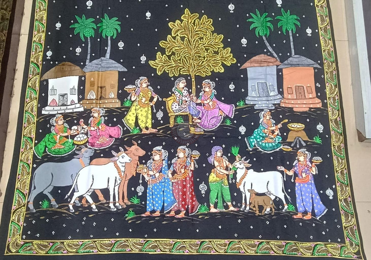 Black Rakshya Bandhan Theme Pattachitra Khadi Silk Saree