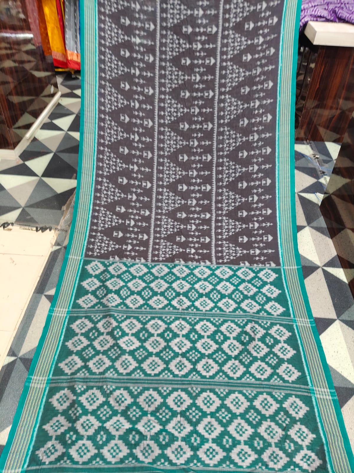 Black Rama Green Tribal Design Khandua Cotton Saree
