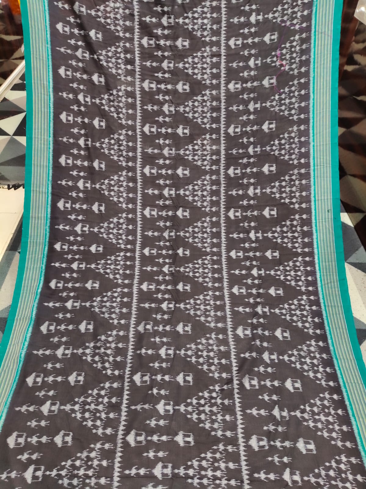 Black Rama Green Tribal Design Khandua Cotton Saree