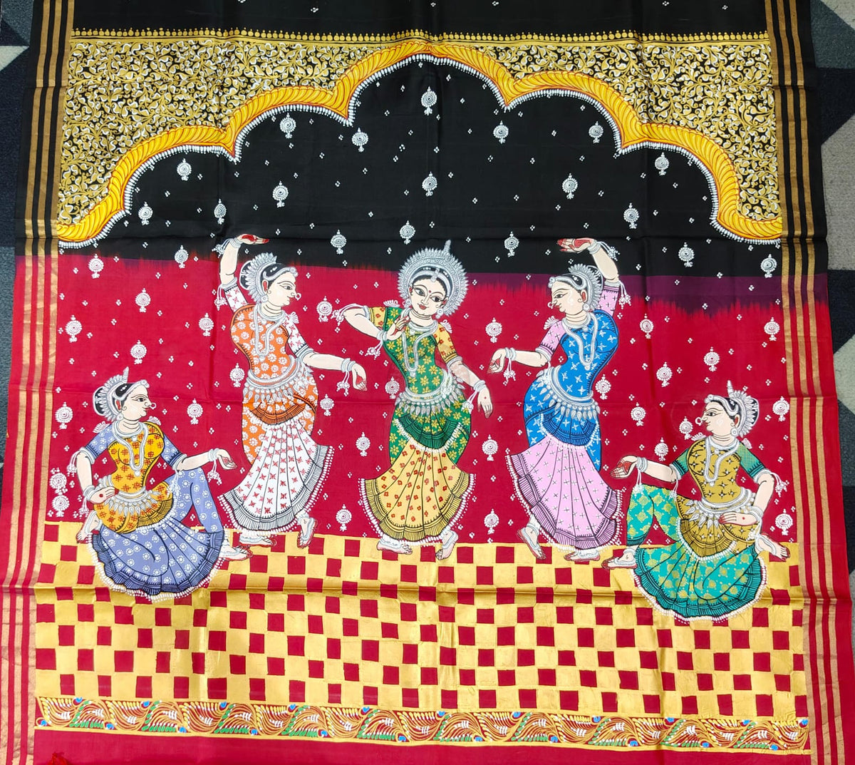 Black Rani Pink Odissi Dancer Theme Pattachitra Kanjeeveram Silk Saree