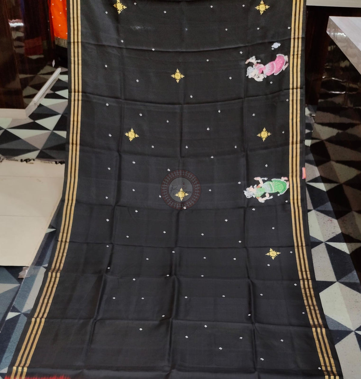 Black Rani Pink Odissi Dancer Theme Pattachitra Kanjeeveram Silk Saree