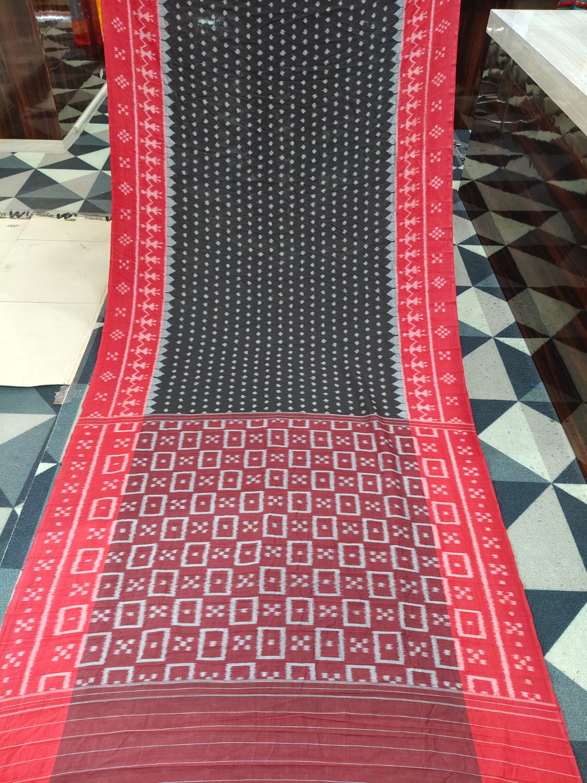 Black Red Dots & Scot Tribal Design Khandua Cotton Saree
