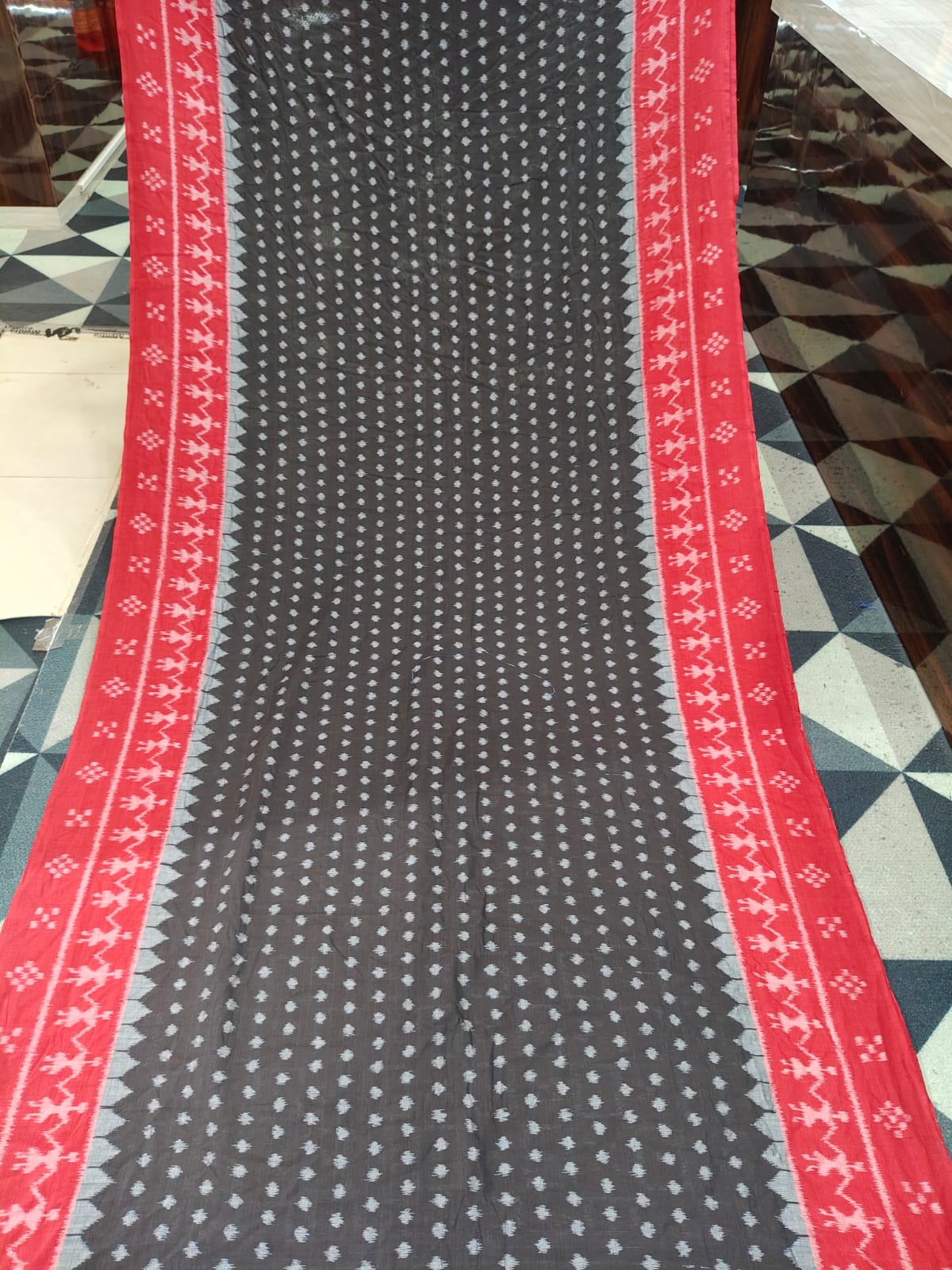 Black Red Dots & Scot Tribal Design Khandua Cotton Saree