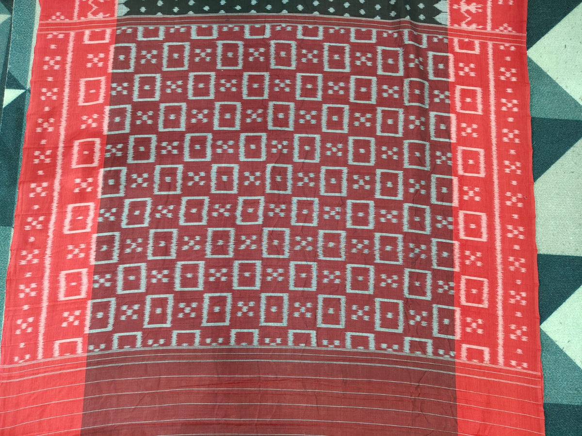 Black Red Dots & Scot Tribal Design Khandua Cotton Saree