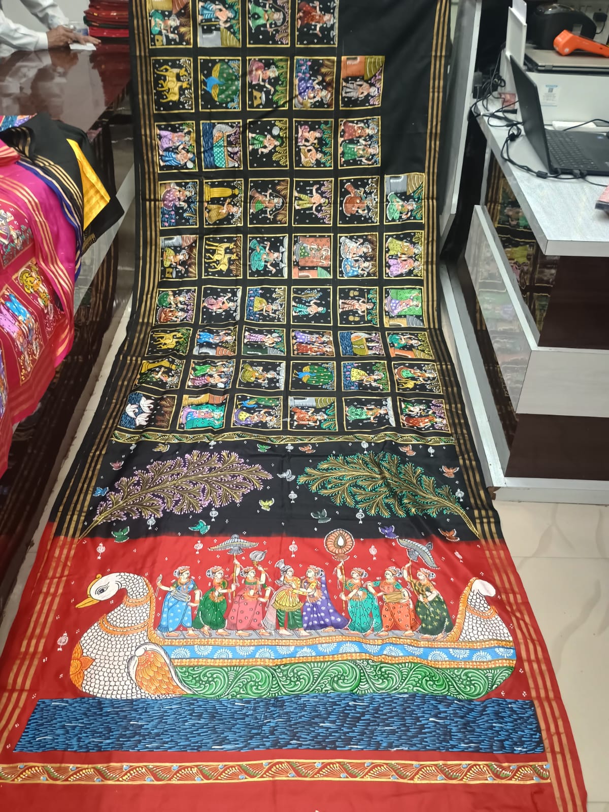 Black Red Small Box Boita Theme Pattachitra Kanjeeveram Silk Saree