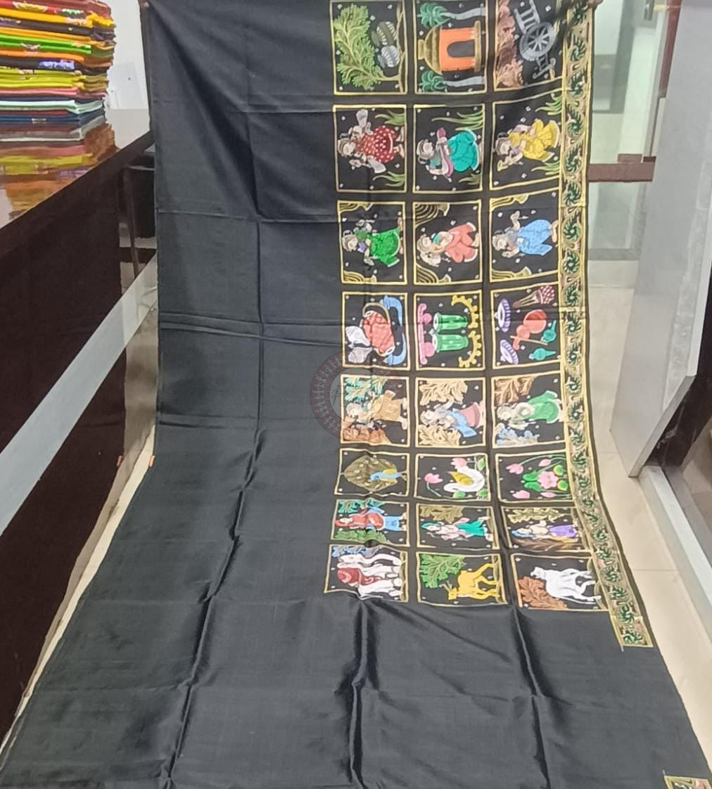 Black Small Box Raja Doli Theme Pattachitra Pure Silk Saree
