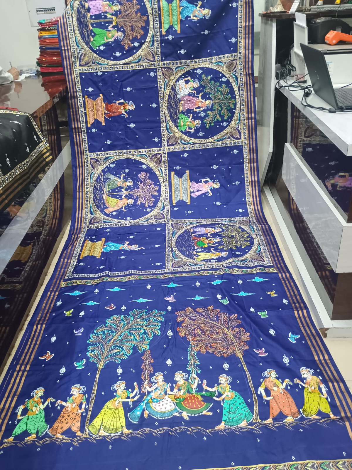 Blue Big Box Raja Doli Theme Pattachitra Kanjeeveram Silk Saree