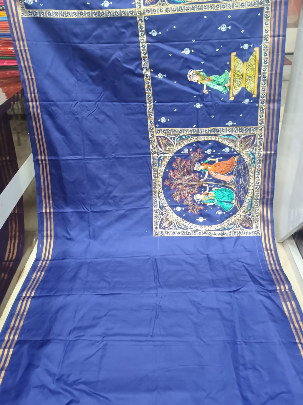 Blue Big Box Raja Doli Theme Pattachitra Kanjeeveram Silk Saree