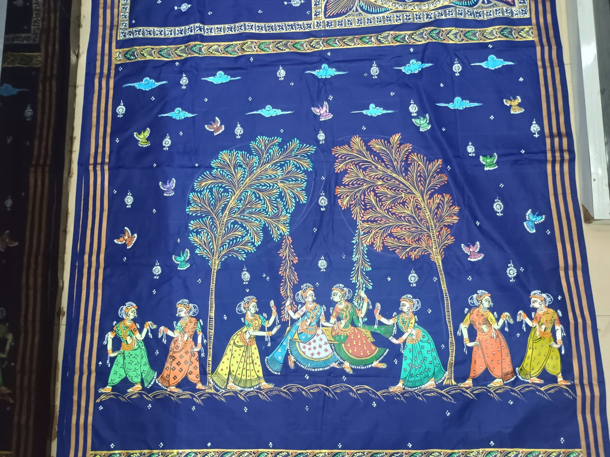 Blue Big Box Raja Doli Theme Pattachitra Kanjeeveram Silk Saree