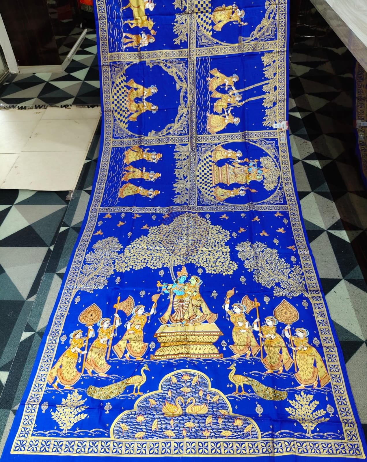 Blue Golden Big Box Radha Krishna Rasa Theme Pattachitra Kanjeeveram Silk Saree