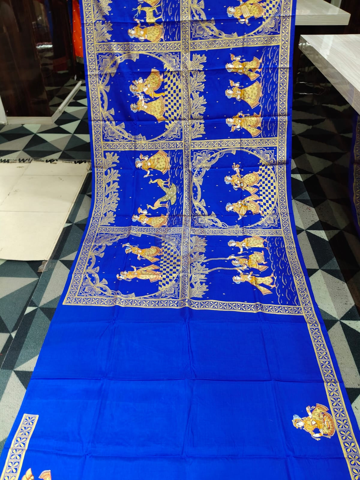 Blue Golden Big Box Radha Krishna Rasa Theme Pattachitra Kanjeeveram Silk Saree