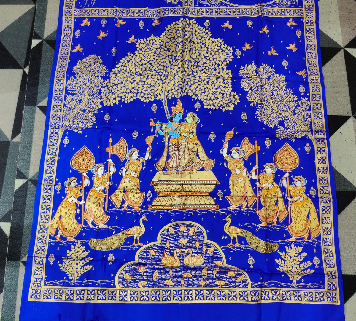 Blue Golden Big Box Radha Krishna Rasa Theme Pattachitra Kanjeeveram Silk Saree