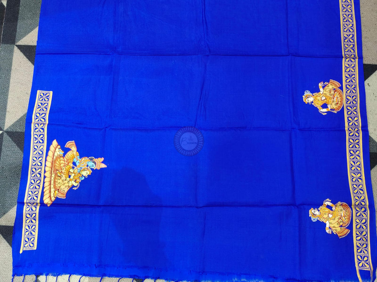 Blue Golden Big Box Radha Krishna Rasa Theme Pattachitra Kanjeeveram Silk Saree