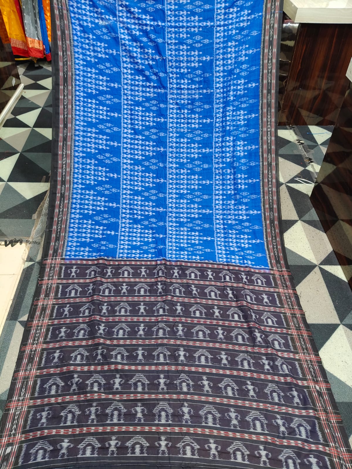 Blue Black Tribal Design Khandua Cotton Saree