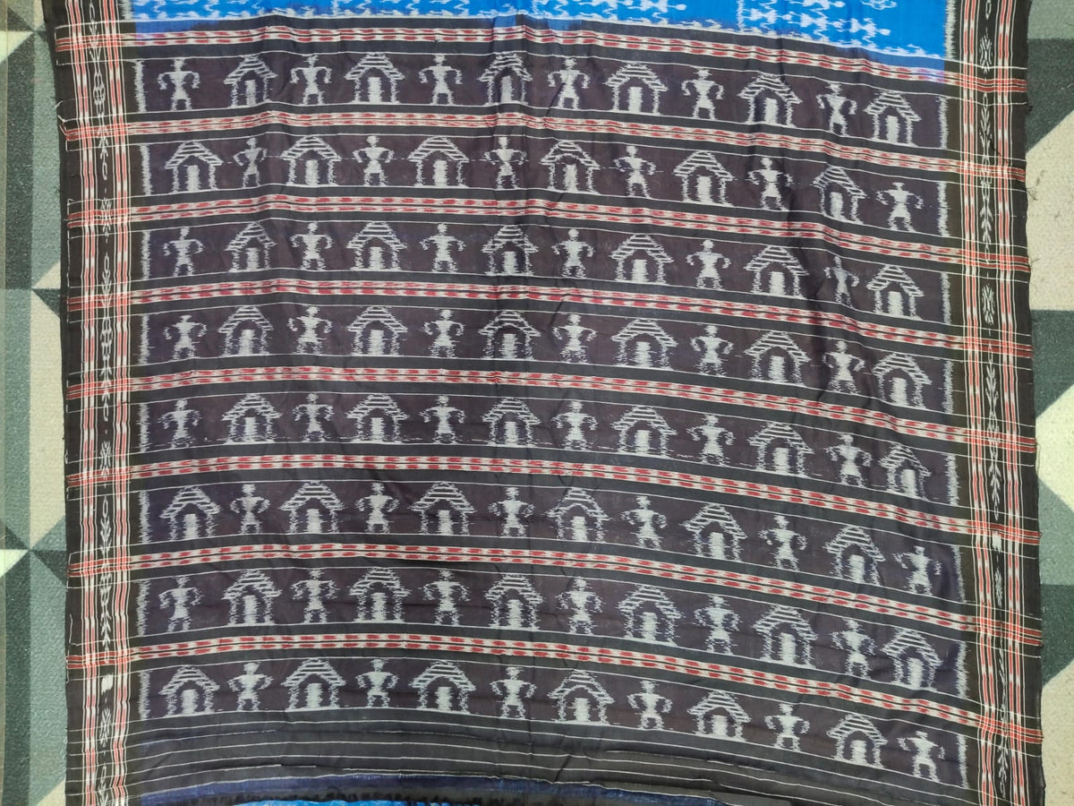 Blue Black Tribal Design Khandua Cotton Saree