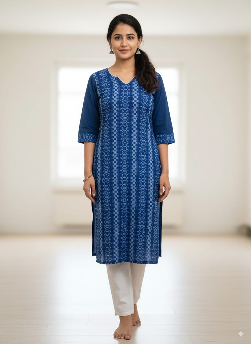 Blue Pasapali And Flower Design Single Side Designer A-Line Kurti