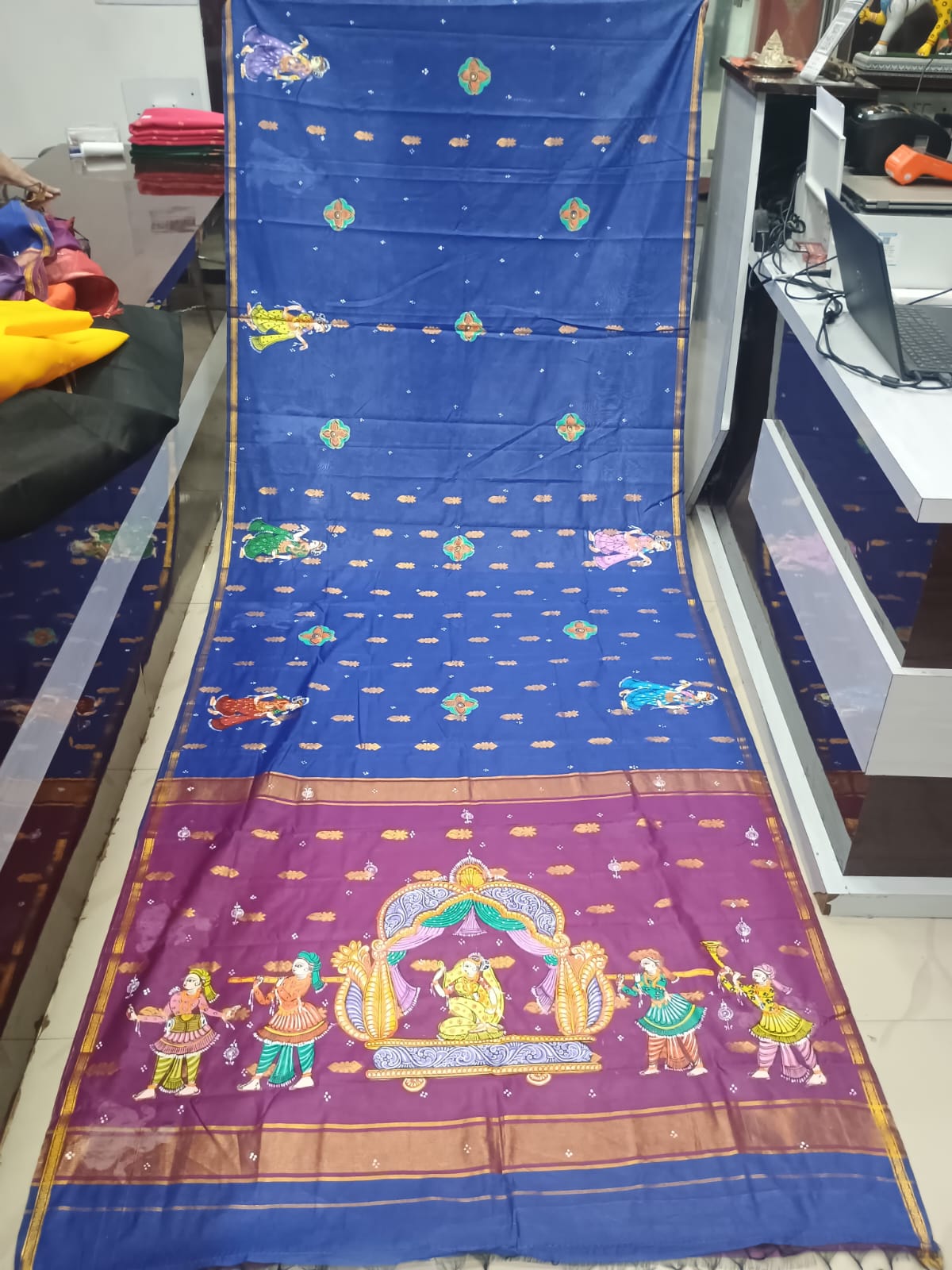 Blue & Purple Hand-Painted Pattachitra Saree – South Cotton Marriage Theme