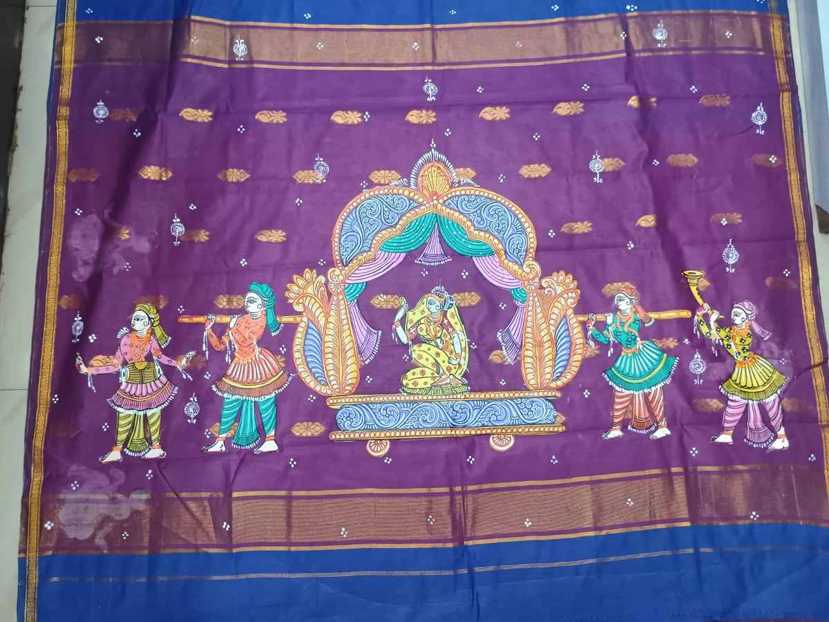 Blue & Purple Hand-Painted Pattachitra Saree – South Cotton Marriage Theme