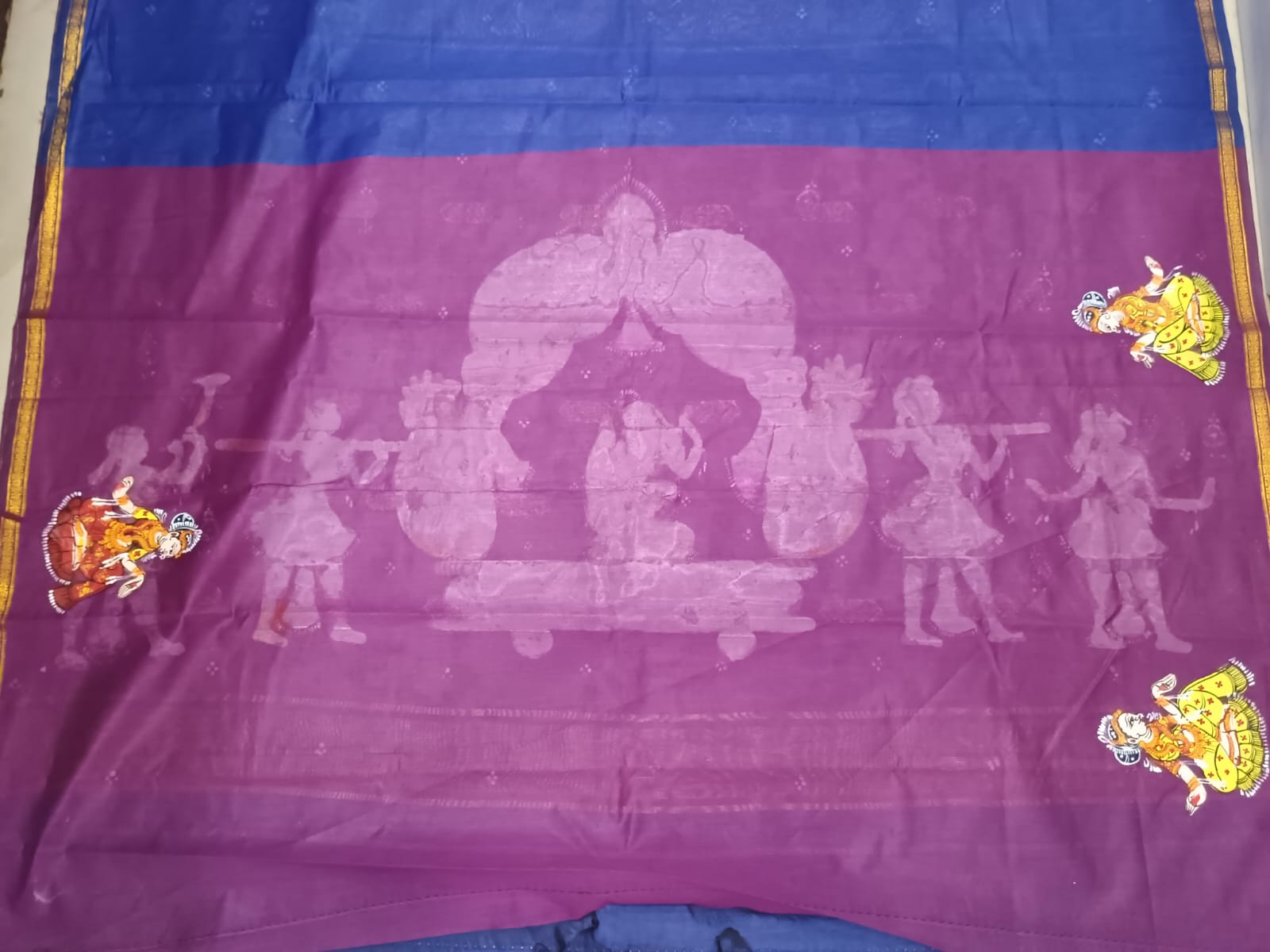 Blue & Purple Hand-Painted Pattachitra Saree – South Cotton Marriage Theme