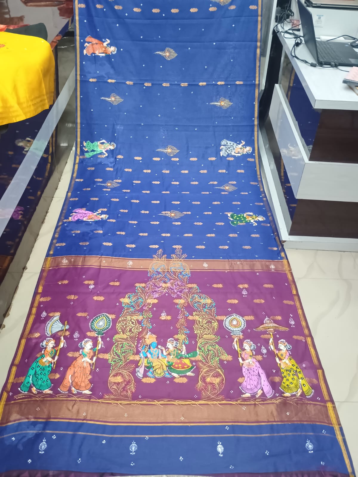 Blue & Purple Hand-Painted Pattachitra Saree – South Cotton Radha Krishna Raja Doli Rasa Theme