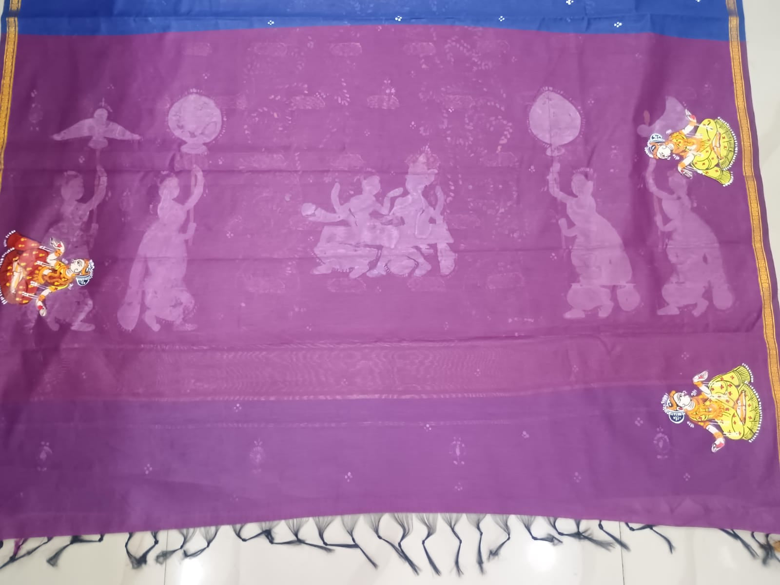 Blue & Purple Hand-Painted Pattachitra Saree – South Cotton Radha Krishna Raja Doli Rasa Theme