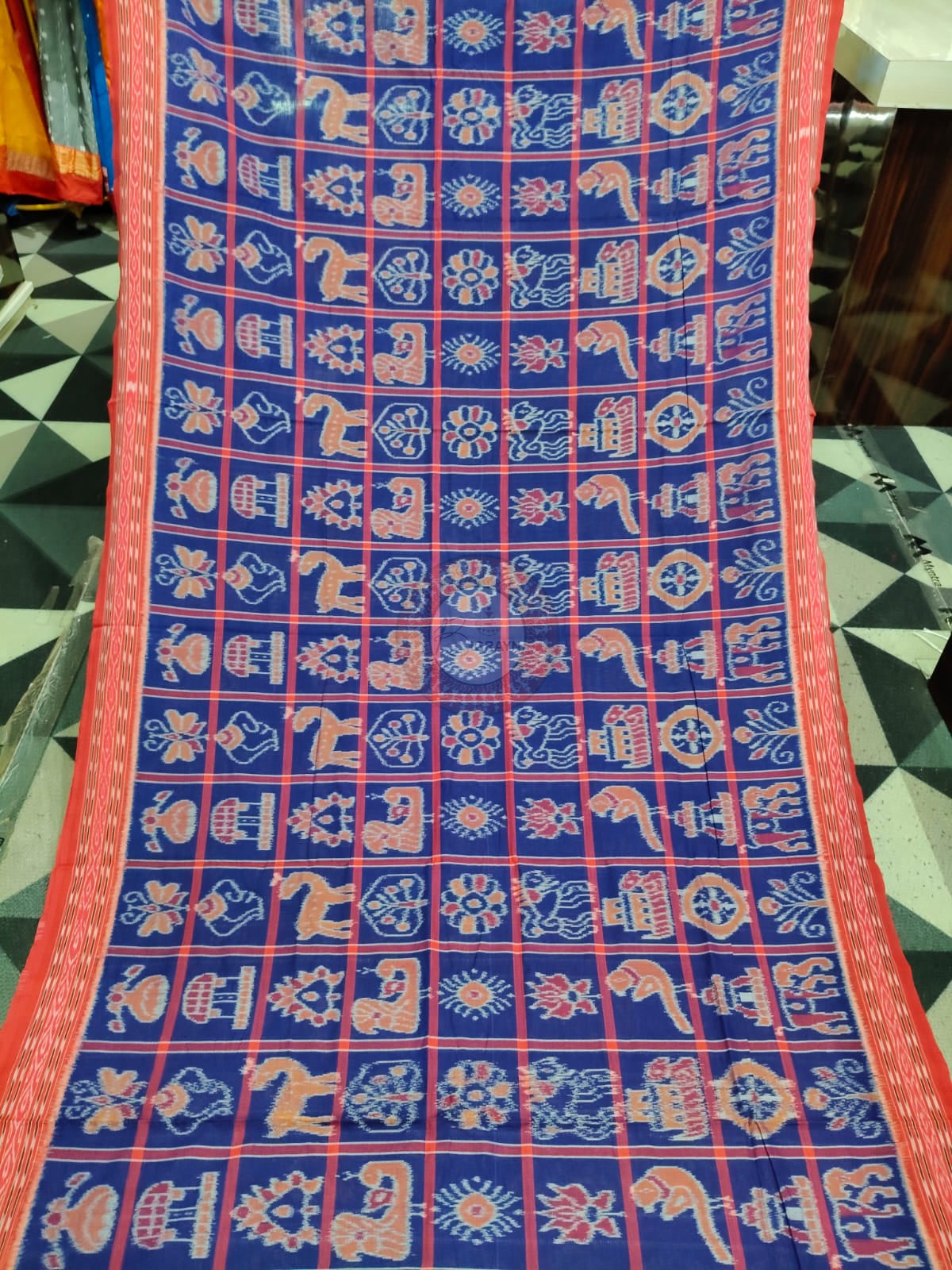 Blue Red Nabakothi Design Khandua Cotton Saree