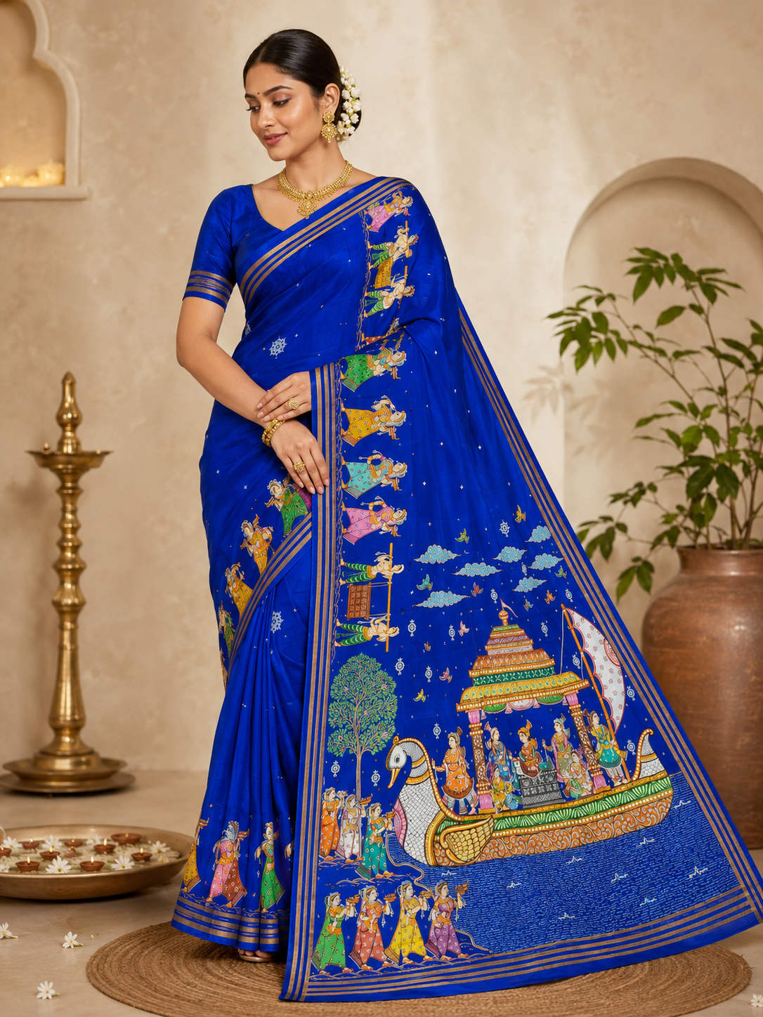 Blue Boita Bandana Theme Pattachitra Kanjeeveram Silk Saree