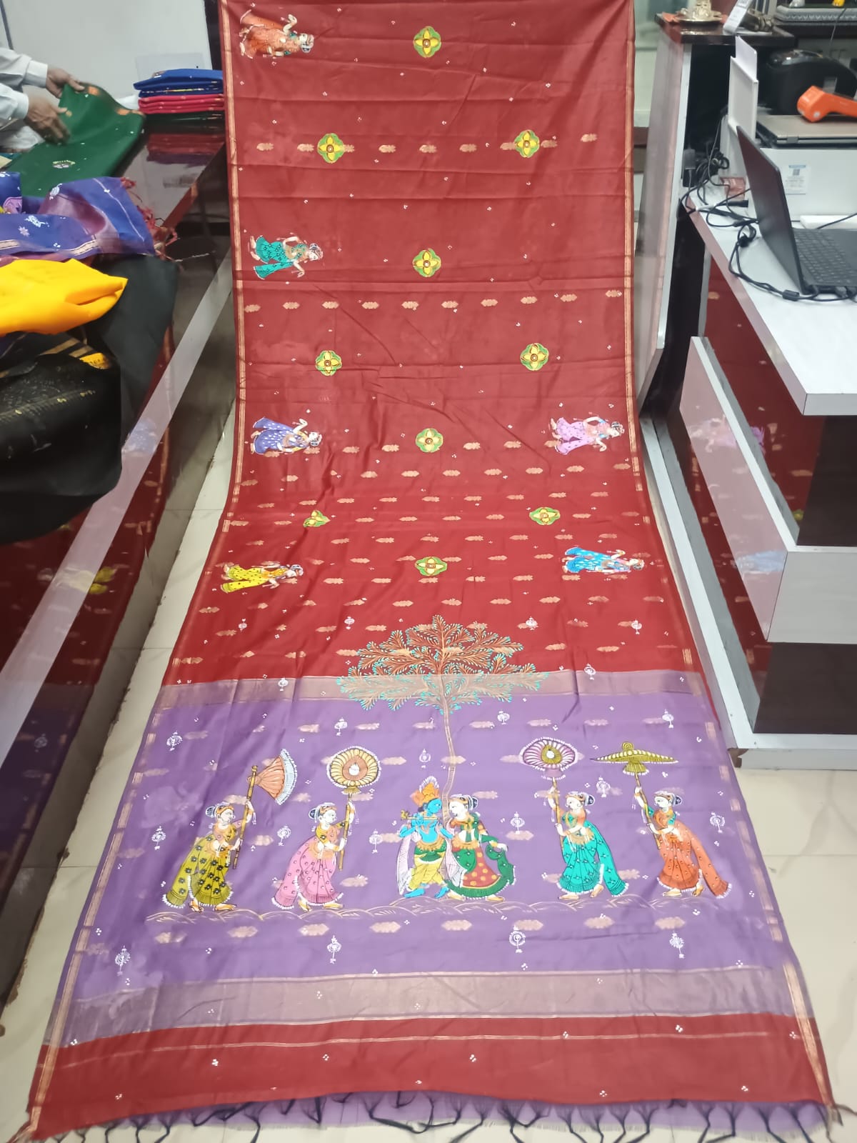 Brick Red & Light Purple Hand-Painted Pattachitra Saree – South Cotton Radha Krishna Rasa Theme