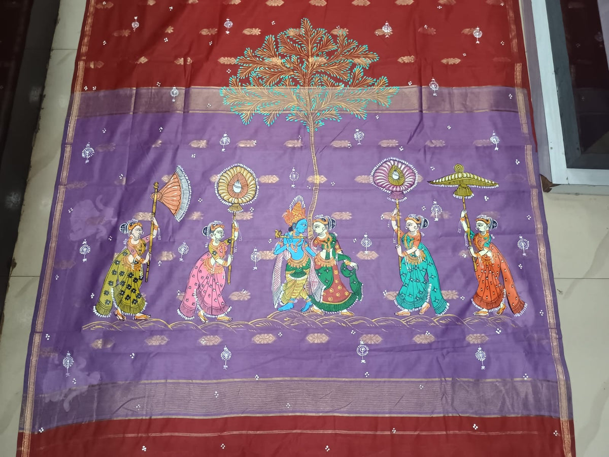 Brick Red & Light Purple Hand-Painted Pattachitra Saree – South Cotton Radha Krishna Rasa Theme