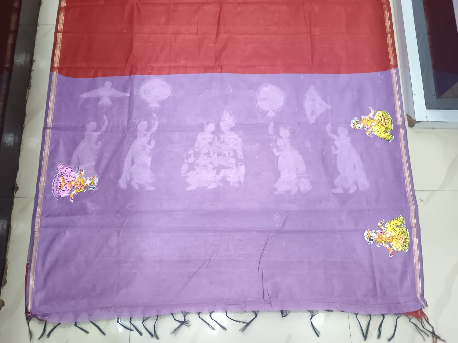 Brick Red & Light Purple Hand-Painted Pattachitra Saree – South Cotton Radha Krishna Rasa Theme