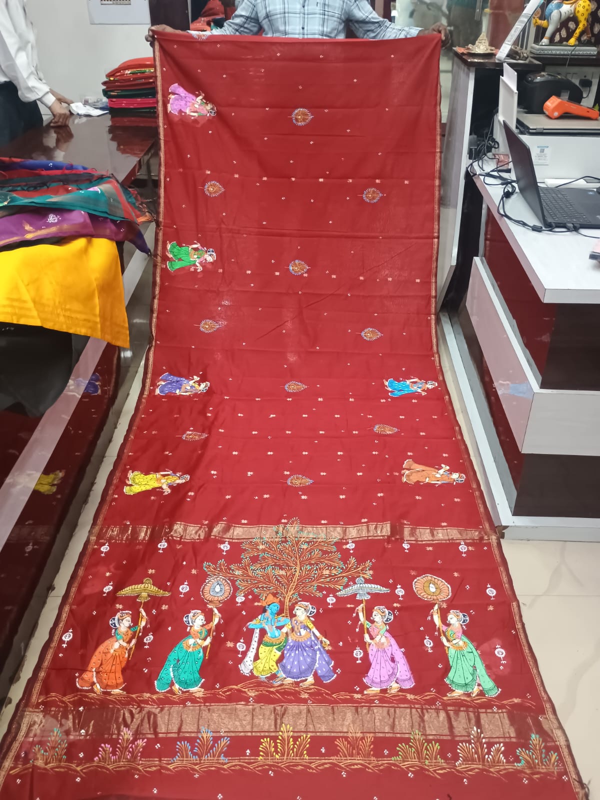 Brick Red Hand-Painted Pattachitra Saree – South Cotton Radha Krishna Rasa Theme