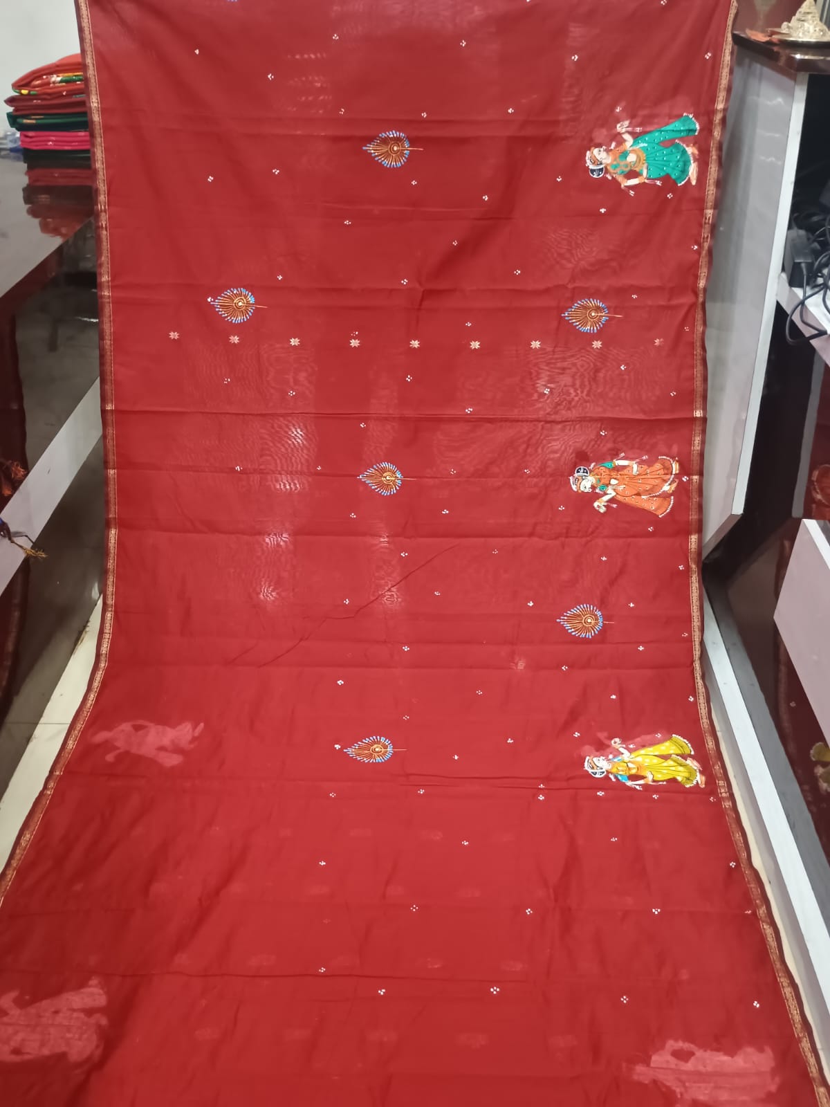 Brick Red Hand-Painted Pattachitra Saree – South Cotton Radha Krishna Rasa Theme