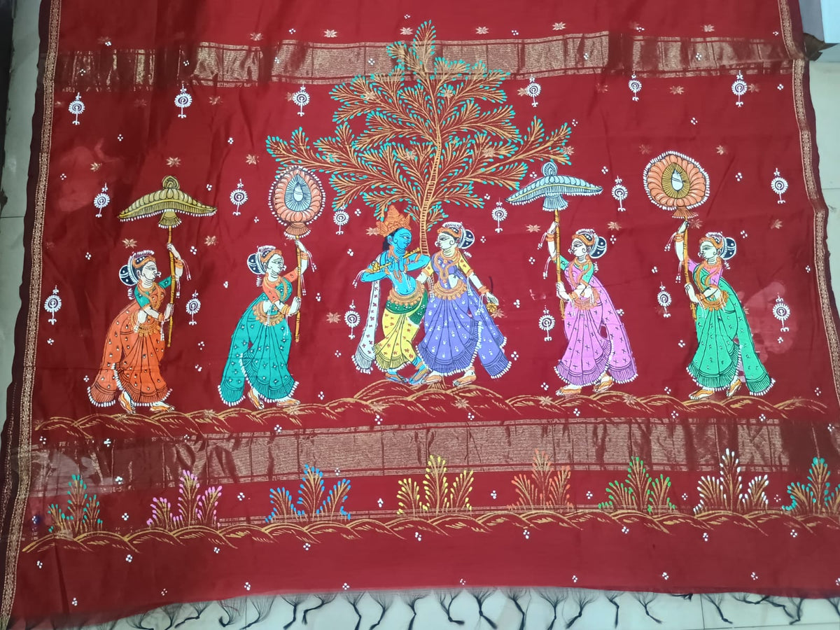 Brick Red Hand-Painted Pattachitra Saree – South Cotton Radha Krishna Rasa Theme