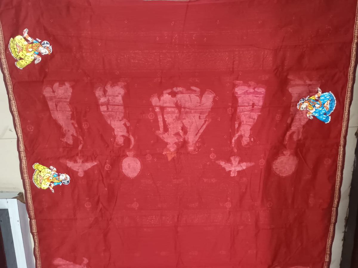 Brick Red Hand-Painted Pattachitra Saree – South Cotton Radha Krishna Rasa Theme