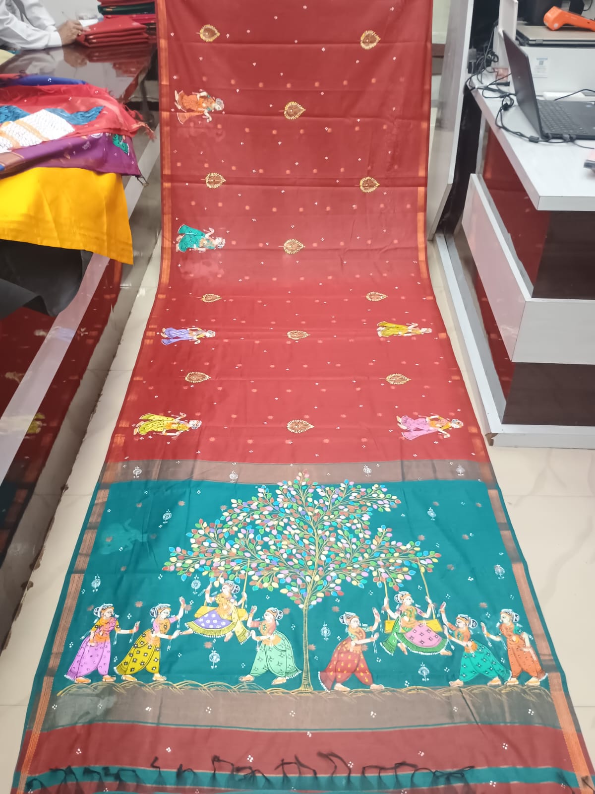 Brick Red & Rama Green Hand-Painted Pattachitra Saree – South Cotton Raja Doli Theme
