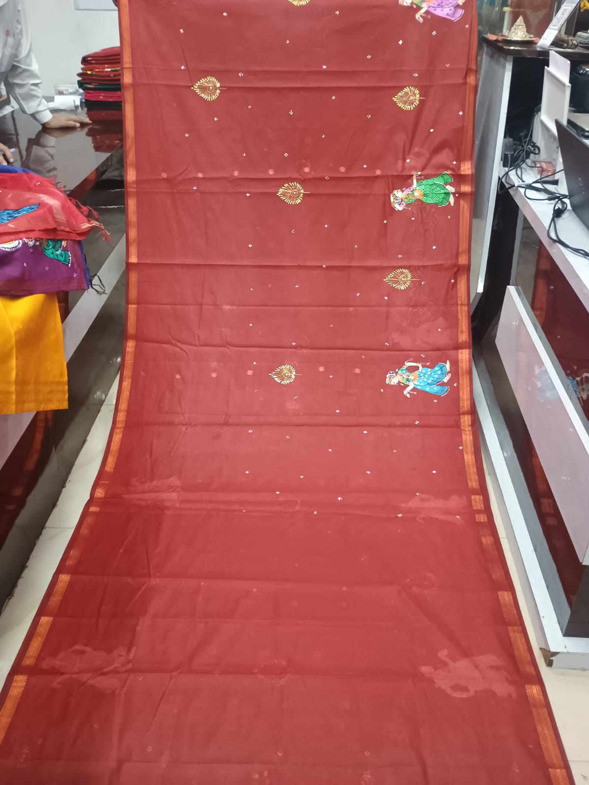 Brick Red & Rama Green Hand-Painted Pattachitra Saree – South Cotton Raja Doli Theme