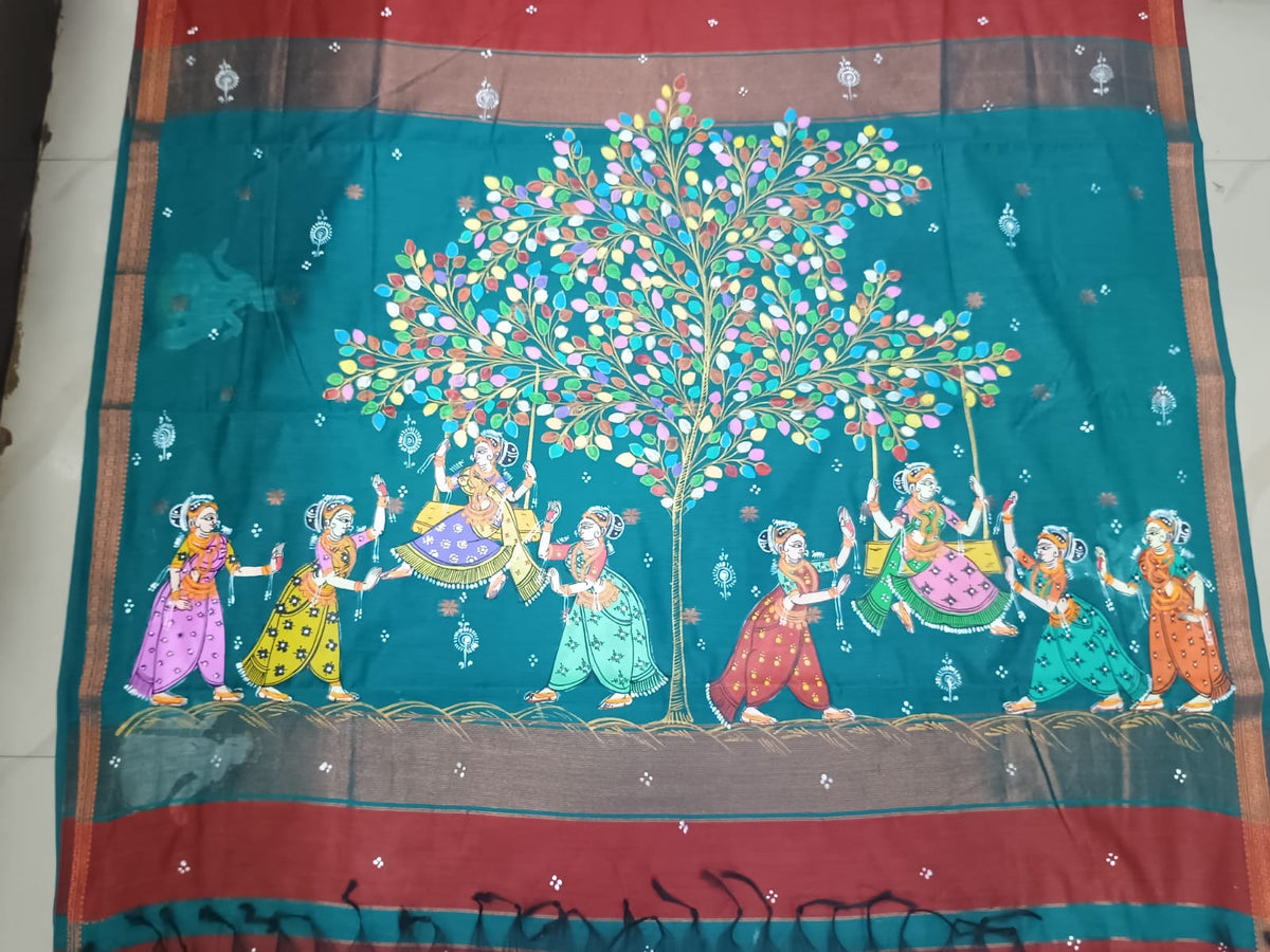 Brick Red & Rama Green Hand-Painted Pattachitra Saree – South Cotton Raja Doli Theme